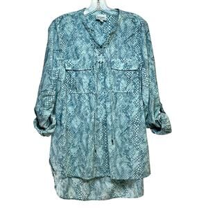 Haute Hippie Blue Snakeskin Print Shirt Dress Women's Large Roll Tab Sleeves